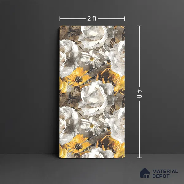 Floral Wall Tile TL 08772  Royal Gold Flower 4 ft x 2 ft Vitrified Carving Matte Finish - 9 mm | Suitable for Bathroom, Accent/Feature Wall, Foyer