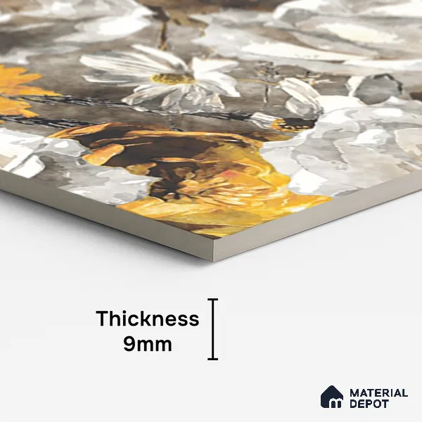 Floral Wall Tile TL 08772  Royal Gold Flower 4 ft x 2 ft Vitrified Carving Matte Finish - 9 mm | Suitable for Bathroom, Accent/Feature Wall, Foyer