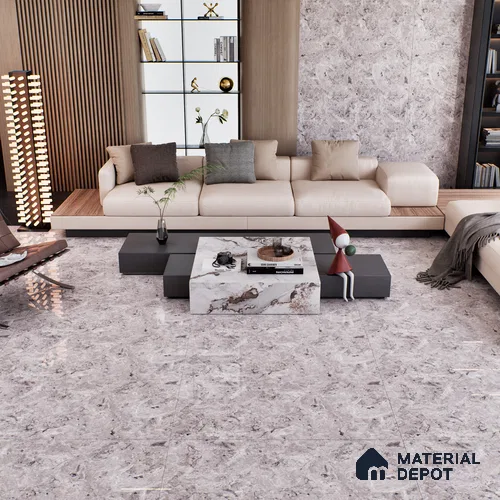 Grey Marble Floor & Wall Tile TL 07461 D Gravier Royal Athos Grey 4 ft x 2 ft Vitrified High Gloss Finish - 9 mm | Seamless 4 | Suitable for Living Room, Bedroom, Bathroom