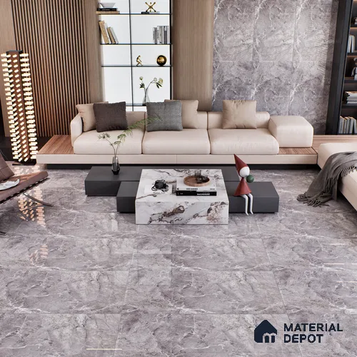 Grey Marble Floor & Wall Tile TL 07463 B Gravier Royal Fermozo Grey 4 ft x 2 ft Vitrified High Gloss Finish - 9 mm | Random 6 | Suitable for Living Room, Bedroom, Bathroom