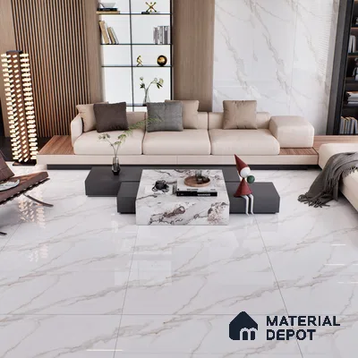 Cream Marble Floor & Wall Tile TL 07445 Gravier Royal Statuario Seville 4 ft x 2 ft Vitrified High Gloss Finish - 9 mm | Random 6 | Suitable for Living Room, Bedroom, Bathroom