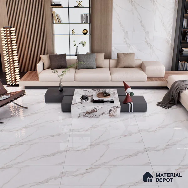 Cream Marble Floor & Wall Tile TL 07445 Gravier Royal Statuario Seville 4 ft x 2 ft Vitrified High Gloss Finish - 9 mm | Random 6 | Suitable for Living Room, Bedroom, Bathroom