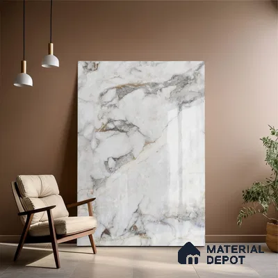Grey Marble Floor & Wall Tile TL 09049 Grande Dolomite Grey Endless 6 ft x 4 ft Glossy Finish Vitrified Large Format Tile - 9 mm | Random 3 | Suitable for Living Room, Bedroom, Bathroom | Adhesive and Spacers Must be Used During Installation