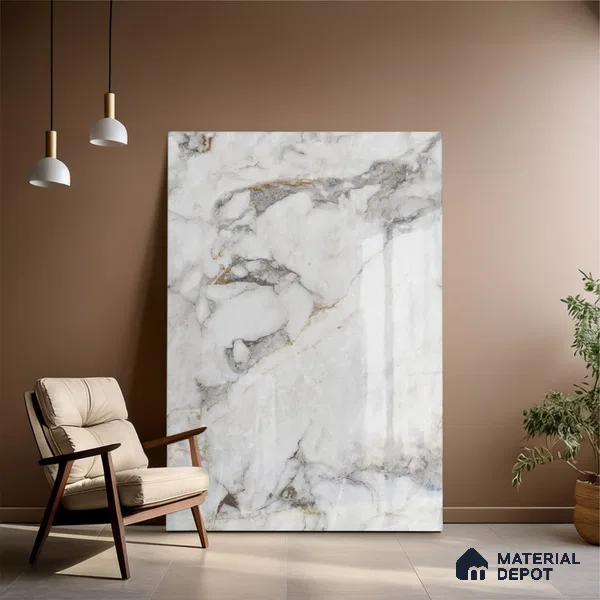 Grey Marble Floor & Wall Tile TL 09049 Grande Dolomite Grey Endless 6 ft x 4 ft Glossy Finish Vitrified Large Format Tile - 9 mm | Random 3 | Suitable for Living Room, Bedroom, Bathroom | Adhesive and Spacers Must be Used During Installation