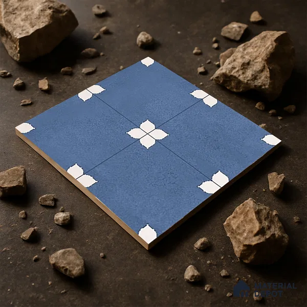 Parking Moroccan Floor Tile TL 08205 B Bloom Azul 16 inch x 16 inch | Vitrified Anti Slip Matte Finish Heavy Duty Tile - 12 mm | Suitable For Bathroom, Parking, Balcony | Pattern Alignment May Vary | 2-3 mm Spacer is Mandatory