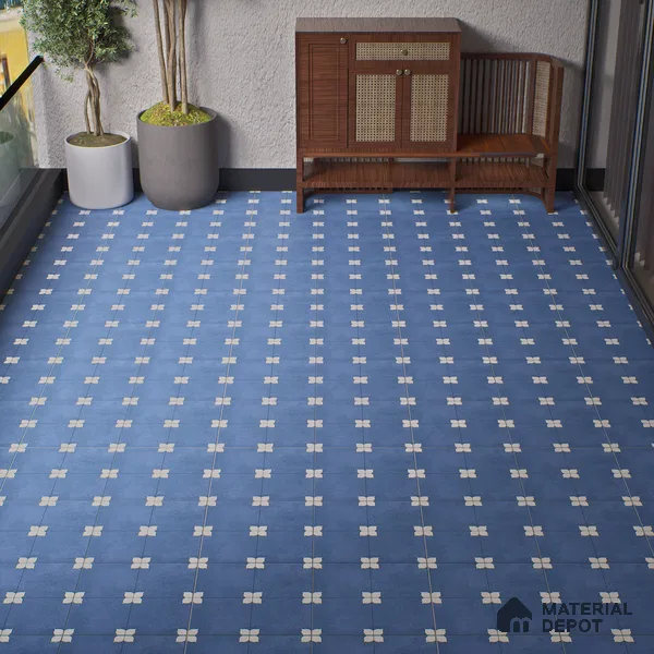 Parking Moroccan Floor Tile TL 08205 B Bloom Azul 16 inch x 16 inch | Vitrified Anti Slip Matte Finish Heavy Duty Tile - 12 mm | Suitable For Bathroom, Parking, Balcony | Pattern Alignment May Vary | 2-3 mm Spacer is Mandatory