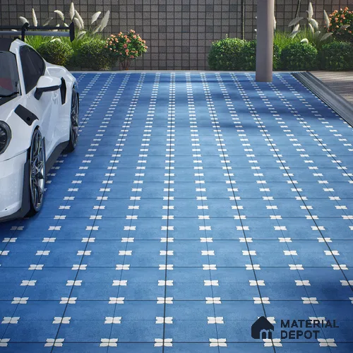Parking Moroccan Floor Tile TL 08205 B Bloom Azul 16 inch x 16 inch | Vitrified Anti Slip Matte Finish Heavy Duty Tile - 12 mm | Suitable For Bathroom, Parking, Balcony | Pattern Alignment May Vary | 2-3 mm Spacer is Mandatory