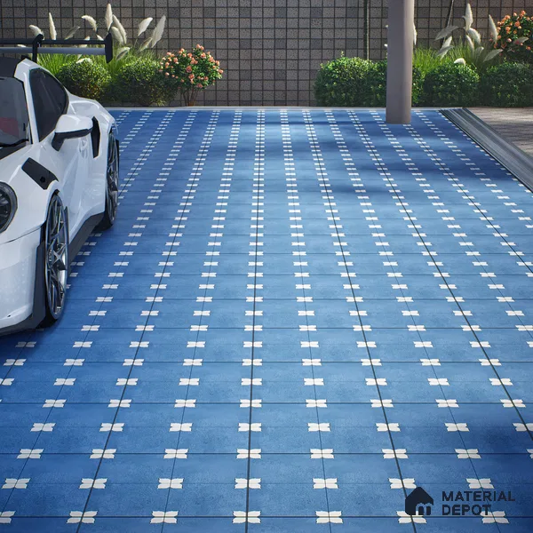 Parking Moroccan Floor Tile TL 08205 B Bloom Azul 16 inch x 16 inch | Vitrified Anti Slip Matte Finish Heavy Duty Tile - 12 mm | Suitable For Bathroom, Parking, Balcony | Pattern Alignment May Vary | 2-3 mm Spacer is Mandatory