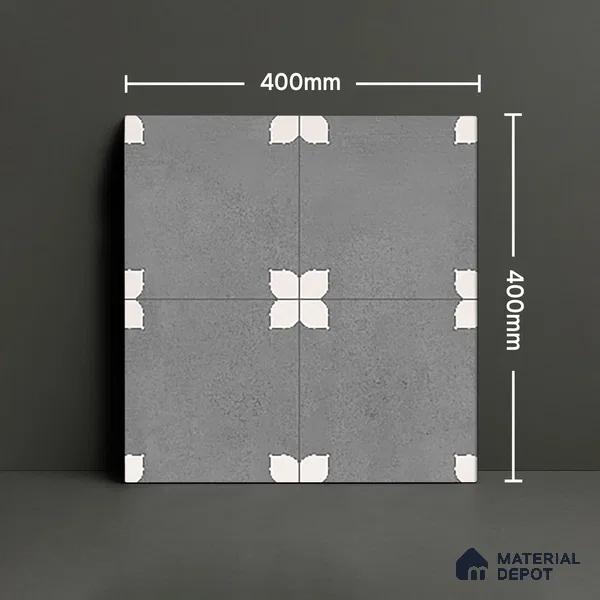 Parking Moroccan Floor Tile TL 08205 D Bloom Gris 16 inch x 16 inch | Vitrified Anti Slip Matte Finish Heavy Duty Tile - 12 mm | Suitable For Bathroom, Parking, Balcony | Pattern Alignment May Vary | 2-3 mm Spacer is Mandatory