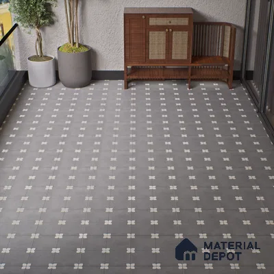 Parking Moroccan Floor Tile TL 08205 D Bloom Gris 16 inch x 16 inch | Vitrified Anti Slip Matte Finish Heavy Duty Tile - 12 mm | Suitable For Bathroom, Parking, Balcony | Pattern Alignment May Vary | 2-3 mm Spacer is Mandatory