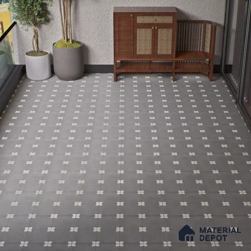 Parking Moroccan Floor Tile TL 08205 D Bloom Gris 16 inch x 16 inch | Vitrified Anti Slip Matte Finish Heavy Duty Tile - 12 mm | Suitable For Bathroom, Parking, Balcony | Pattern Alignment May Vary | 2-3 mm Spacer is Mandatory