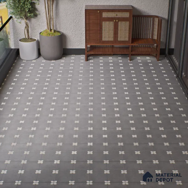 Parking Moroccan Floor Tile TL 08205 D Bloom Gris 16 inch x 16 inch | Vitrified Anti Slip Matte Finish Heavy Duty Tile - 12 mm | Suitable For Bathroom, Parking, Balcony | Pattern Alignment May Vary | 2-3 mm Spacer is Mandatory