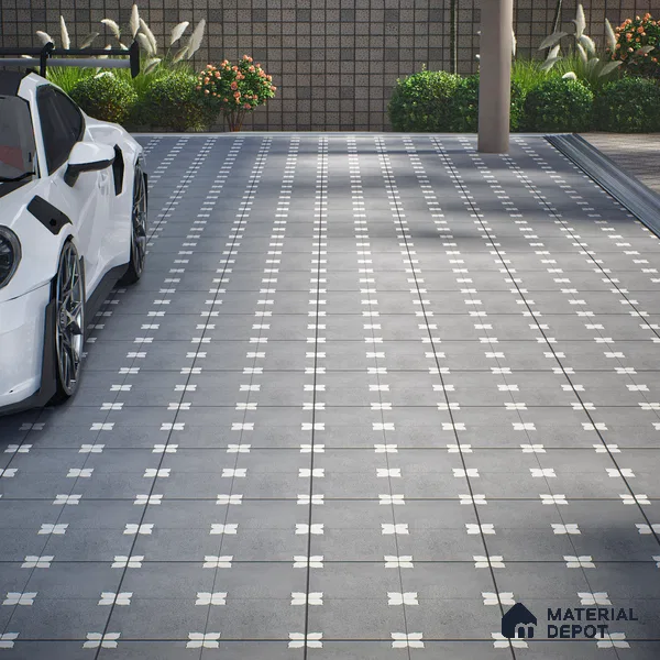 Parking Moroccan Floor Tile TL 08205 D Bloom Gris 16 inch x 16 inch | Vitrified Anti Slip Matte Finish Heavy Duty Tile - 12 mm | Suitable For Bathroom, Parking, Balcony | Pattern Alignment May Vary | 2-3 mm Spacer is Mandatory