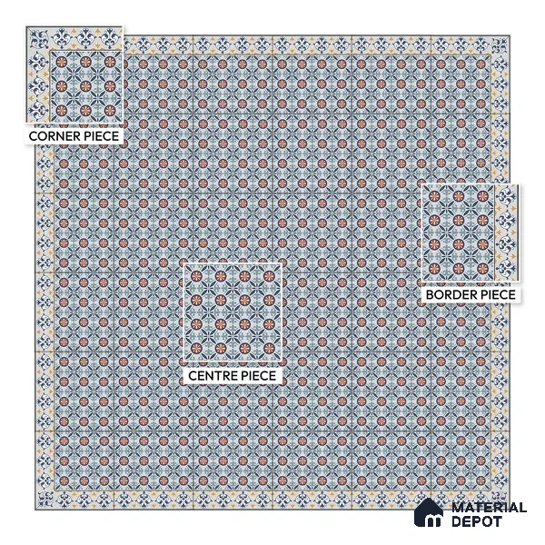 Moroccan Carpet Tile TL 08345 61018 A 1 ft x 1 ft Ceramic Matte Finish - 10 mm | Suitable For Living Room, Kitchen, Dining Area | Please Expect a Slight Variation of Pattern