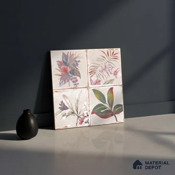 Floral Wall Tile TL 10415 B Antic Leaf - Decor 2 1 ft x1 ft Ceramic Matte Finish Tile - 9 mm | Suitable For Kitchen, Bathroom Walls and Backsplashes | Please Expect a Slight Variation of Pattern