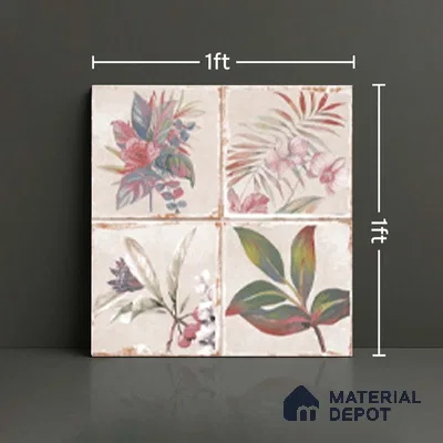 Floral Wall Tile TL 10415 B Antic Leaf - Decor 2 1 ft x1 ft Ceramic Matte Finish Tile - 9 mm | Suitable For Kitchen, Bathroom Walls and Backsplashes | Please Expect a Slight Variation of Pattern