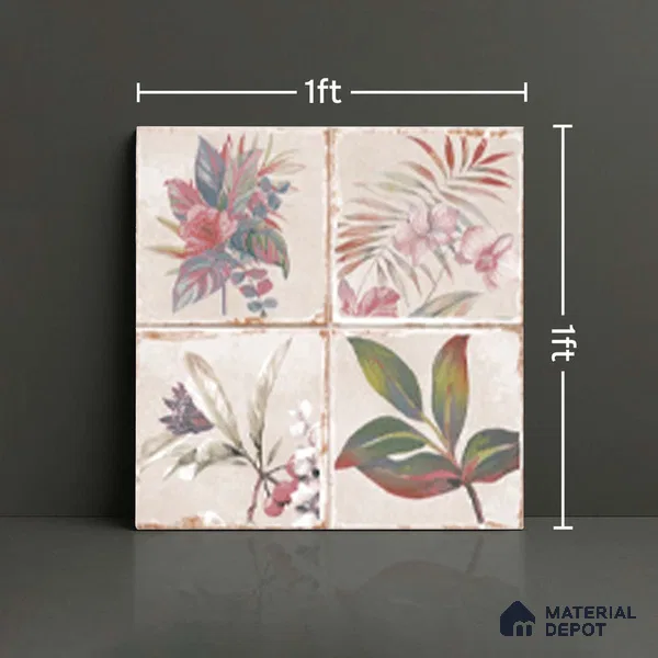 Floral Wall Tile TL 10415 B Antic Leaf - Decor 2 1 ft x1 ft Ceramic Matte Finish Tile - 9 mm | Suitable For Kitchen, Bathroom Walls and Backsplashes | Please Expect a Slight Variation of Pattern
