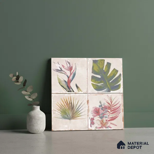 Floral Wall Tile TL 10415 Antic Leaf - Decor 1 1 ft x1 ft Ceramic Matte Finish Tile - 9 mm | Suitable For Kitchen, Bathroom Walls and Backsplashes | Please Expect a Slight Variation of Pattern