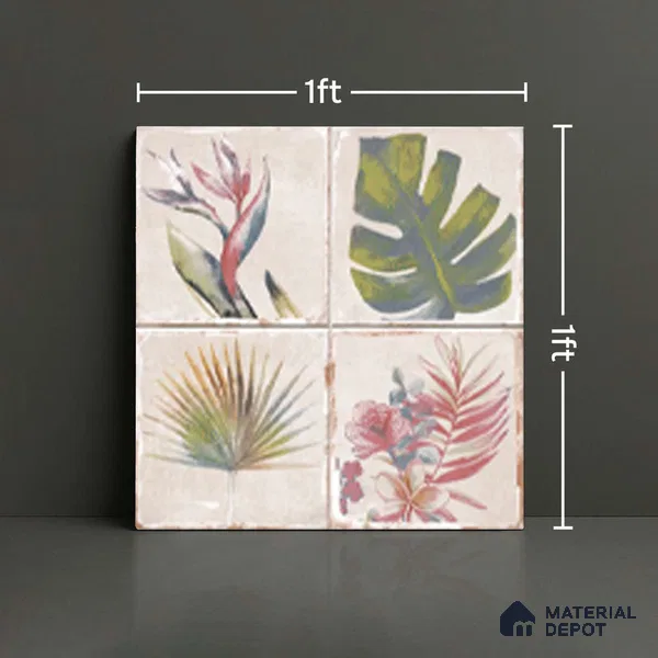 Floral Wall Tile TL 10415 Antic Leaf - Decor 1 1 ft x1 ft Ceramic Matte Finish Tile - 9 mm | Suitable For Kitchen, Bathroom Walls and Backsplashes | Please Expect a Slight Variation of Pattern