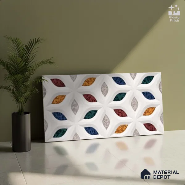 Patterned Wall Tile TL 09732 C 25003 2 ft x 1 ft Multi Colour Ceramic Glossy Finish Highlighter 1 Tile - 9 mm | Ideal for Bathroom, Kitchen | Please Expect a Slight Variation of Pattern