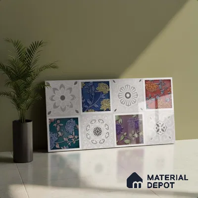 Patterned Wall Tile TL 09732 D 25003 2 ft x 1 ft Multi Colour Ceramic Glossy Finish Highlighter 2 Tile - 9 mm | Ideal for Bathroom, Kitchen | Please Expect a Slight Variation of Pattern