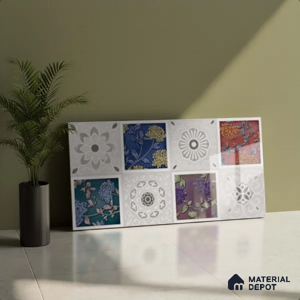 Patterned Wall Tile TL 09732 D 25003 2 ft x 1 ft Multi Colour Ceramic Glossy Finish Highlighter 2 Tile - 9 mm | Ideal for Bathroom, Kitchen | Please Expect a Slight Variation of Pattern