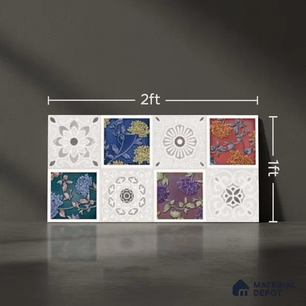 Patterned Wall Tile TL 09732 D 25003 2 ft x 1 ft Multi Colour Ceramic Glossy Finish Highlighter 2 Tile - 9 mm | Ideal for Bathroom, Kitchen | Please Expect a Slight Variation of Pattern