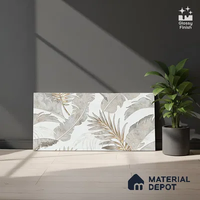 Floral Wall Tile TL 09997 B Leaf Silvar Decor 2 ft x 1 ft Silver Ceramic Glue Matte Finish Pattern 1 Tile - 9 mm | Ideal for Living Room, Bathroom, Kitchen | Please Expect a Slight Variation of Pattern