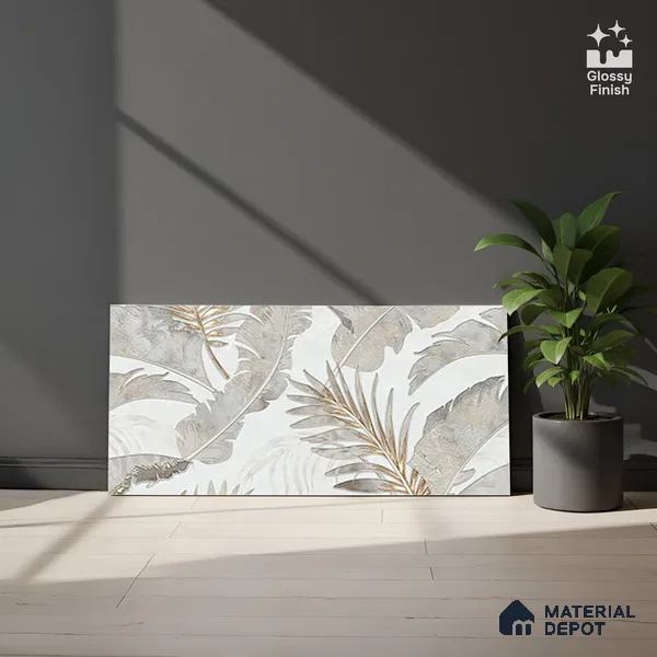 Floral Wall Tile TL 09997 B Leaf Silvar Decor 2 ft x 1 ft Silver Ceramic Glue Matte Finish Pattern 1 Tile - 9 mm | Ideal for Living Room, Bathroom, Kitchen | Please Expect a Slight Variation of Pattern
