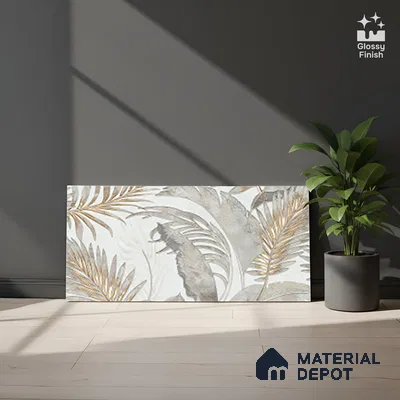 Floral Wall Tile TL 09997 C Leaf Silvar Decor 2 ft x 1 ft Silver Ceramic Glue Matte Finish Pattern 2 Tile - 9 mm | Ideal for Living Room, Bathroom, Kitchen | Please Expect a Slight Variation of Pattern