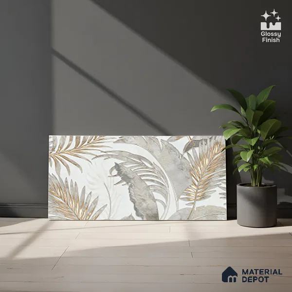 Floral Wall Tile TL 09997 C Leaf Silvar Decor 2 ft x 1 ft Silver Ceramic Glue Matte Finish Pattern 2 Tile - 9 mm | Ideal for Living Room, Bathroom, Kitchen | Please Expect a Slight Variation of Pattern