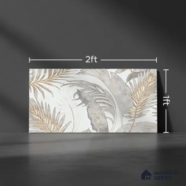 Floral Wall Tile TL 09997 C Leaf Silvar Decor 2 ft x 1 ft Silver Ceramic Glue Matte Finish Pattern 2 Tile - 9 mm | Ideal for Living Room, Bathroom, Kitchen | Please Expect a Slight Variation of Pattern