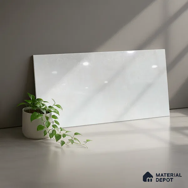 Stone Wall Tile TL 09997 Leaf Silvar 2 ft x 1 ft Silver Ceramic Glossy Finish Plain Tile - 9 mm | Ideal for Living Room, Bathroom, Kitchen