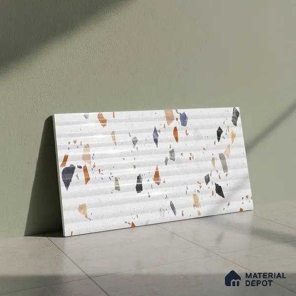 Terrazzo Wall Tile TL 09746 B 2 ft x 1 ft White Ceramic Glossy Finish Decor 1 Tile - 9 mm | Ideal for Bathroom, Kitchen