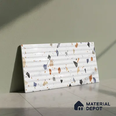 Terrazzo Wall Tile TL 09746 C  2 ft x 1 ft White Ceramic Glossy Finish Decor 2 Tile - 9 mm | Ideal for Bathroom, Kitchen