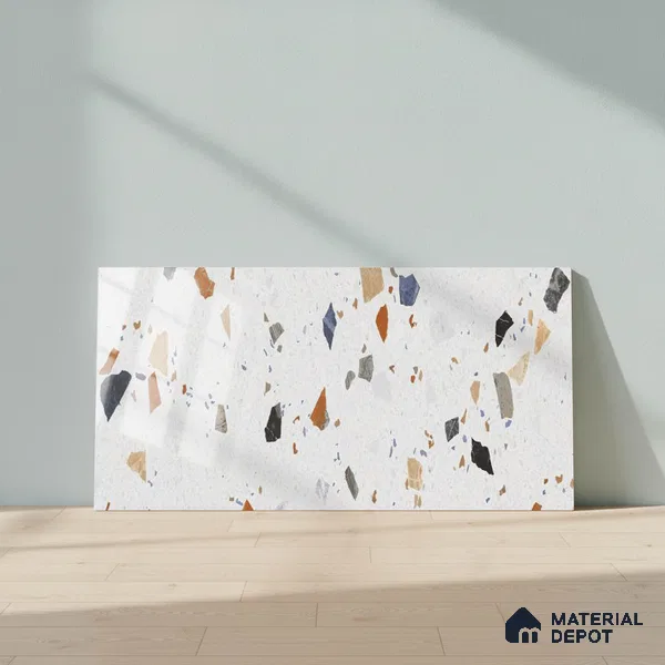Terrazzo Wall Tile TL 09746 2 ft x 1 ft White Ceramic Glossy Finish Light Tile - 9 mm | Ideal for Bathroom, Kitchen