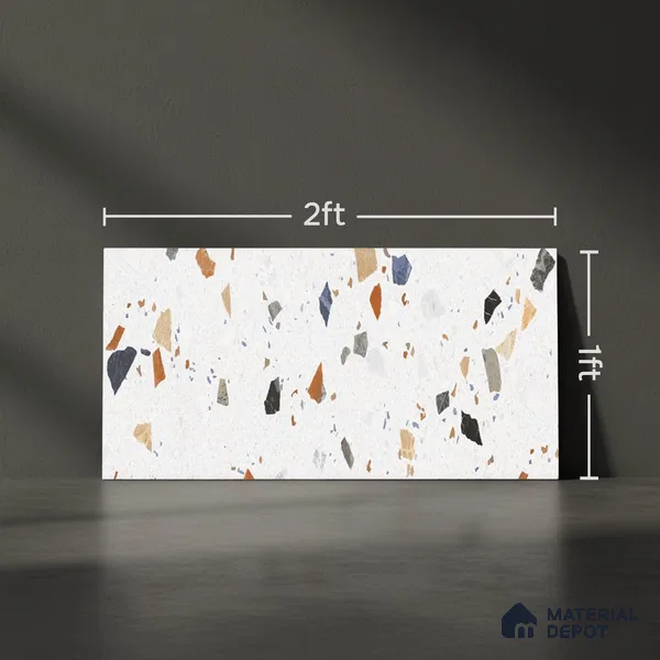 Terrazzo Wall Tile TL 09746 2 ft x 1 ft White Ceramic Glossy Finish Light Tile - 9 mm | Ideal for Bathroom, Kitchen