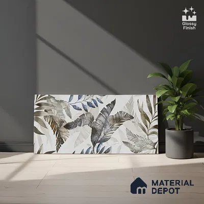 Floral Wall Tile TL 09996 B Leafty Gray Decor 2 ft x 1 ft Grey Ceramic Glue Matte Finish Decor Tile - 9 mm | Ideal for Living Room, Bathroom, Kitchen | Please Expect a Slight Variation of Pattern