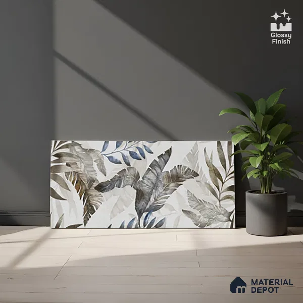 Floral Wall Tile TL 09996 B Leafty Gray Decor 2 ft x 1 ft Grey Ceramic Glue Matte Finish Decor Tile - 9 mm | Ideal for Living Room, Bathroom, Kitchen | Please Expect a Slight Variation of Pattern