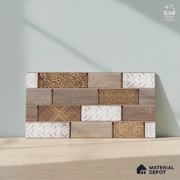 Wood Wall Tile TL 09728 B 24200 2 ft x 1 ft Brown Ceramic Glossy Finish Highlighter 4 Tile - 9 mm | Ideal for Bathroom, Kitchen