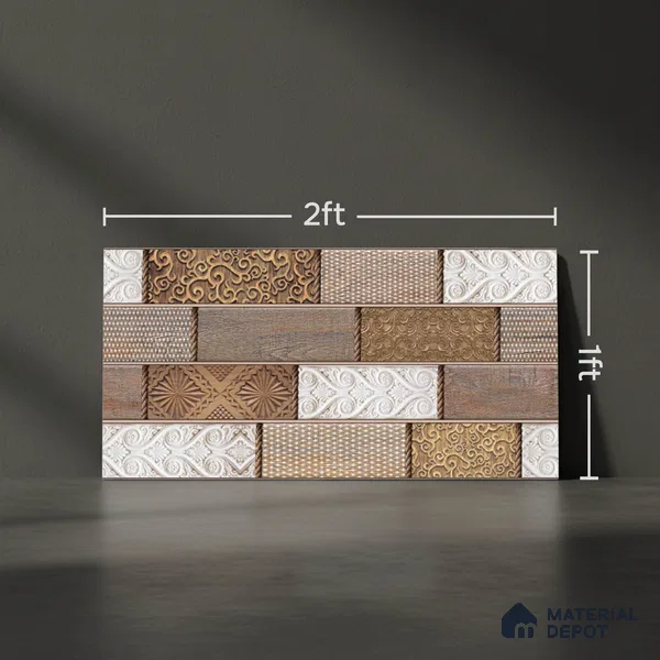 Wood Wall Tile TL 09728 B 24200 2 ft x 1 ft Brown Ceramic Glossy Finish Highlighter 4 Tile - 9 mm | Ideal for Bathroom, Kitchen