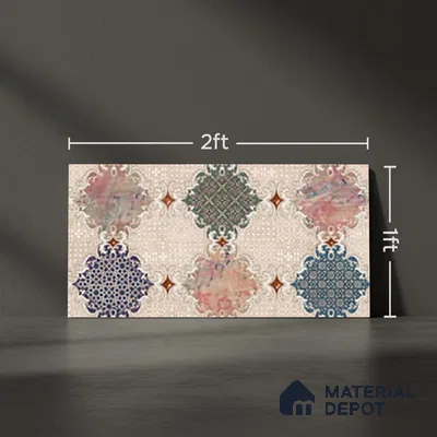 Patterned Wall Tile TL 09744 C  2 ft x 1 ft Multi Colour Ceramic Matte Finish Highlighter 1 Tile - 9 mm | Ideal for Bathroom, Kitchen | Please Expect a Slight Variation of Pattern