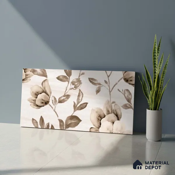 Floral Wall Tile TL 09743 D  2 ft x 1 ft Beige Ceramic Matte Finish Highlighter 2 Tile - 9 mm | Ideal for Bathroom, Kitchen | Please Expect a Slight Variation of Pattern (Sample)