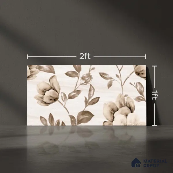 Floral Wall Tile TL 09743 D  2 ft x 1 ft Beige Ceramic Matte Finish Highlighter 2 Tile - 9 mm | Ideal for Bathroom, Kitchen | Please Expect a Slight Variation of Pattern (Sample)