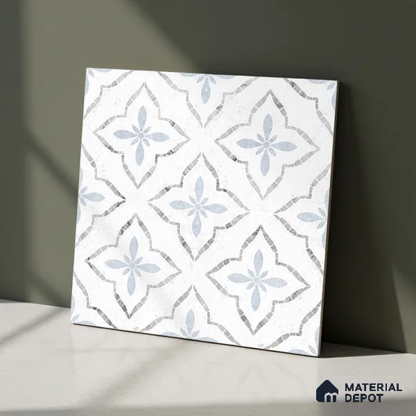Moroccan Floor & Wall Tile TL 09819 B  2 ft x 2 ft White Vitrified Matte Finish Tile - 9 mm | Suitable For Kitchen, Bathroom, Dining Area | Please Expect a Slight Variation of Pattern