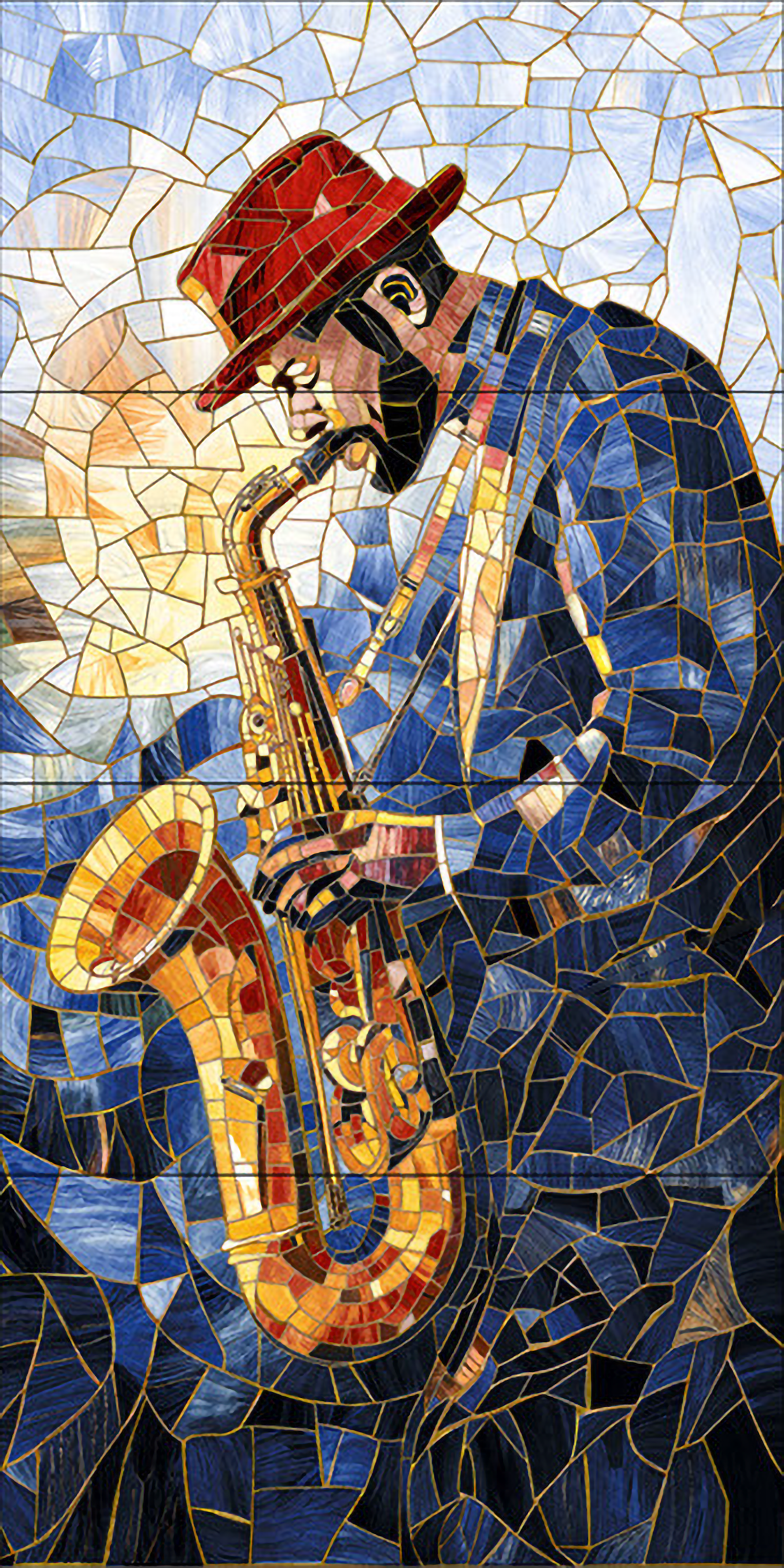 Faux Mosaic Mural Poster Wall Tile TL 07919 Trumpet Man 4 ft x 2 ft Vitrified Glossy Punch Finish - 9 mm | Suitable For Living Room, Bedroom & Office