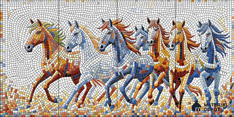Faux Mosaic Mural Poster Wall Tile TL 07910 Freedom Horse 4 ft x 2 ft Vitrified Glossy Punch Finish - 9 mm | Suitable For Living Room, Bedroom & Office