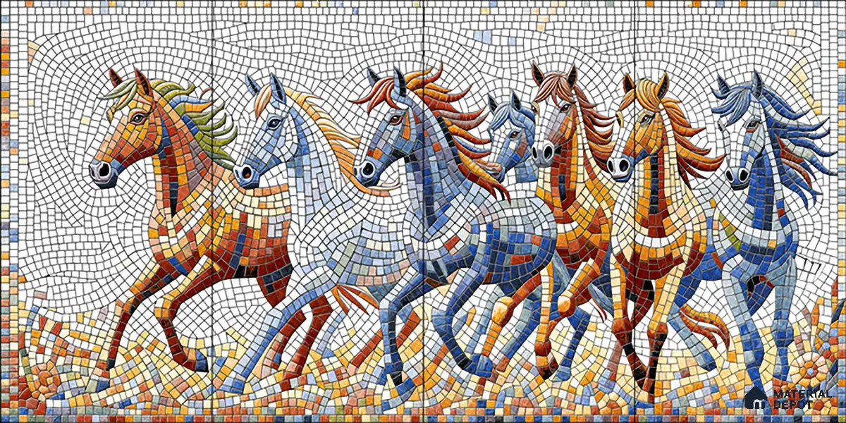 Faux Mosaic Mural Poster Wall Tile TL 07910 Freedom Horse 4 ft x 2 ft Vitrified Glossy Punch Finish - 9 mm | Suitable For Living Room, Bedroom & Office