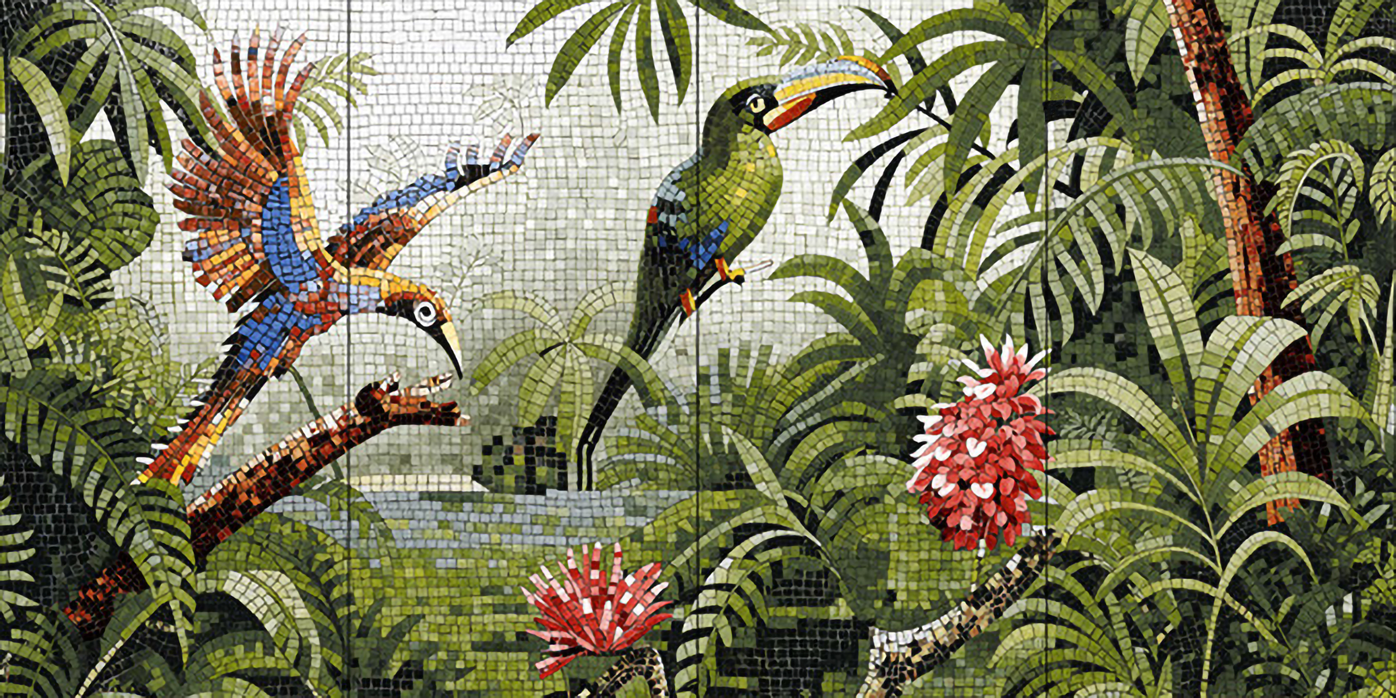 Faux Mosaic Mural Poster Wall Tile TL 07926 Forest Bird 4 ft x 2 ft Vitrified Glossy Punch Finish - 9 mm | Suitable For Living Room, Bedroom & Office