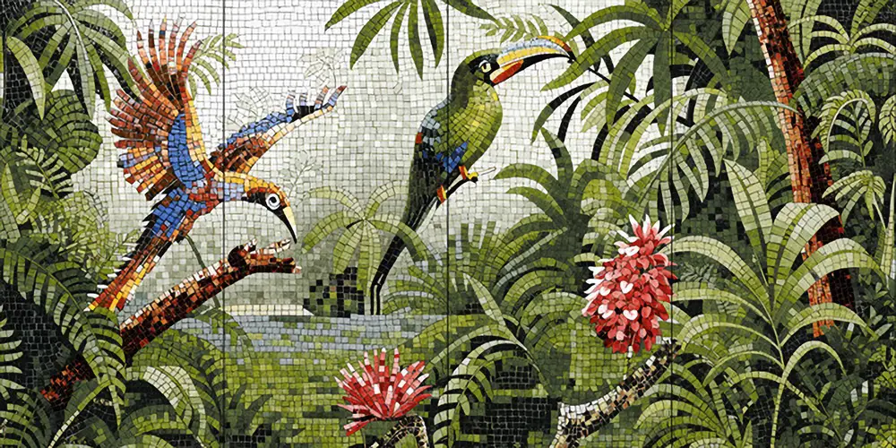 Faux Mosaic Mural Poster Wall Tile TL 07926 Forest Bird 4 ft x 2 ft Vitrified Glossy Punch Finish - 9 mm | Suitable For Living Room, Bedroom & Office